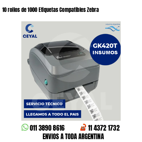 10 rollos de 1000 Etiquetas Compatibles Zebra