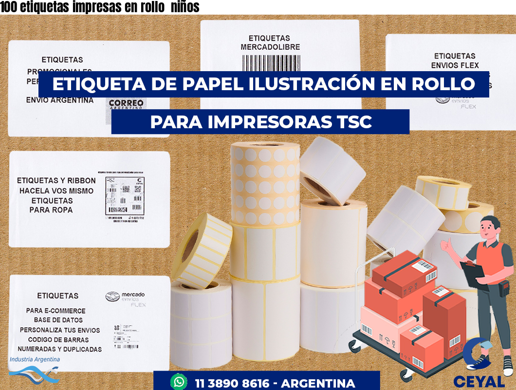 100 etiquetas impresas en rollo  niños