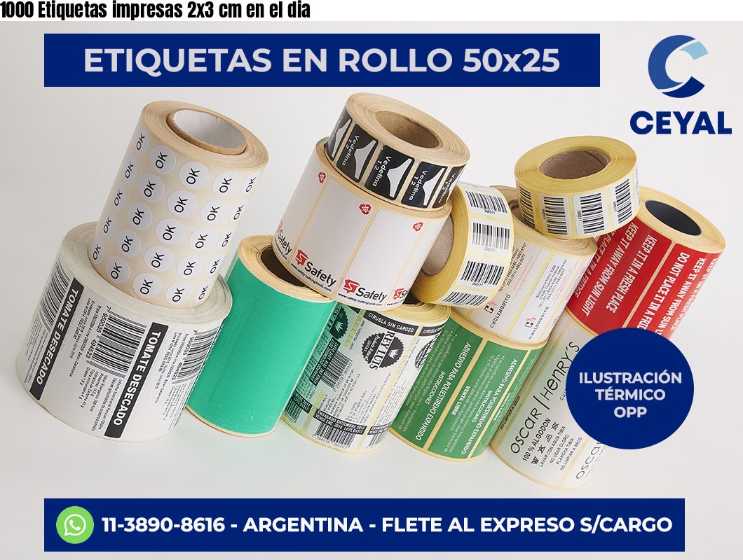 1000 Etiquetas impresas 2×3 cm en el dia