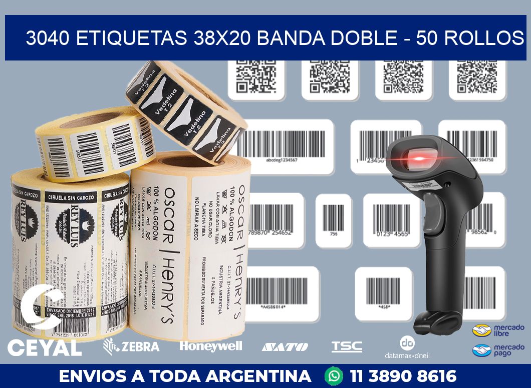 3040 ETIQUETAS 38X20 BANDA DOBLE - 50 ROLLOS