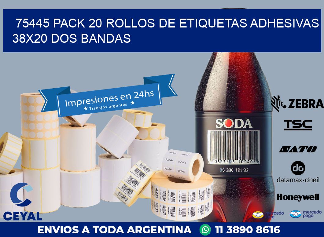 75445 PACK 20 ROLLOS DE ETIQUETAS ADHESIVAS 38X20 DOS BANDAS