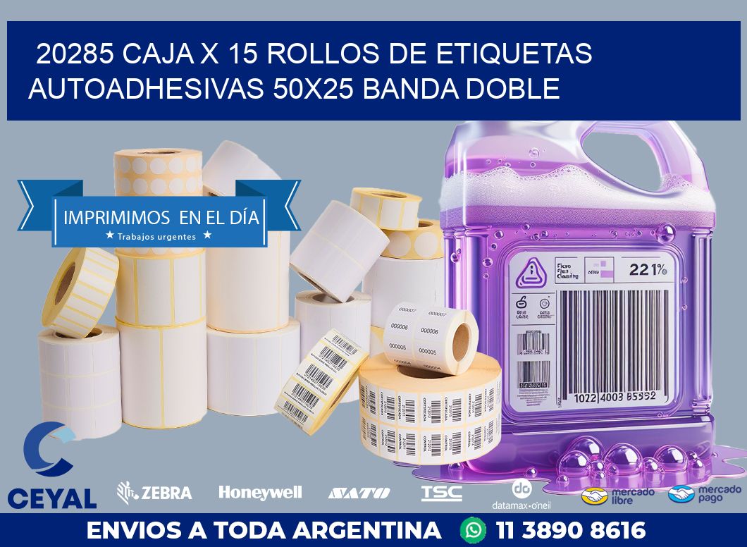 20285 CAJA X 15 ROLLOS DE ETIQUETAS AUTOADHESIVAS 50X25 BANDA DOBLE