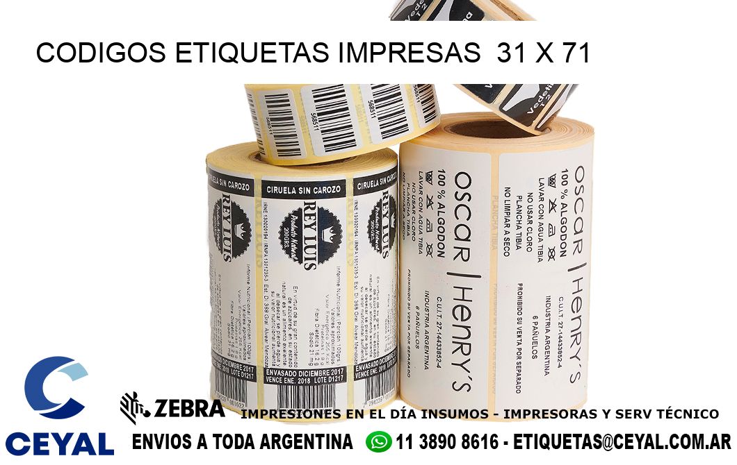 CODIGOS ETIQUETAS IMPRESAS 31 x 71