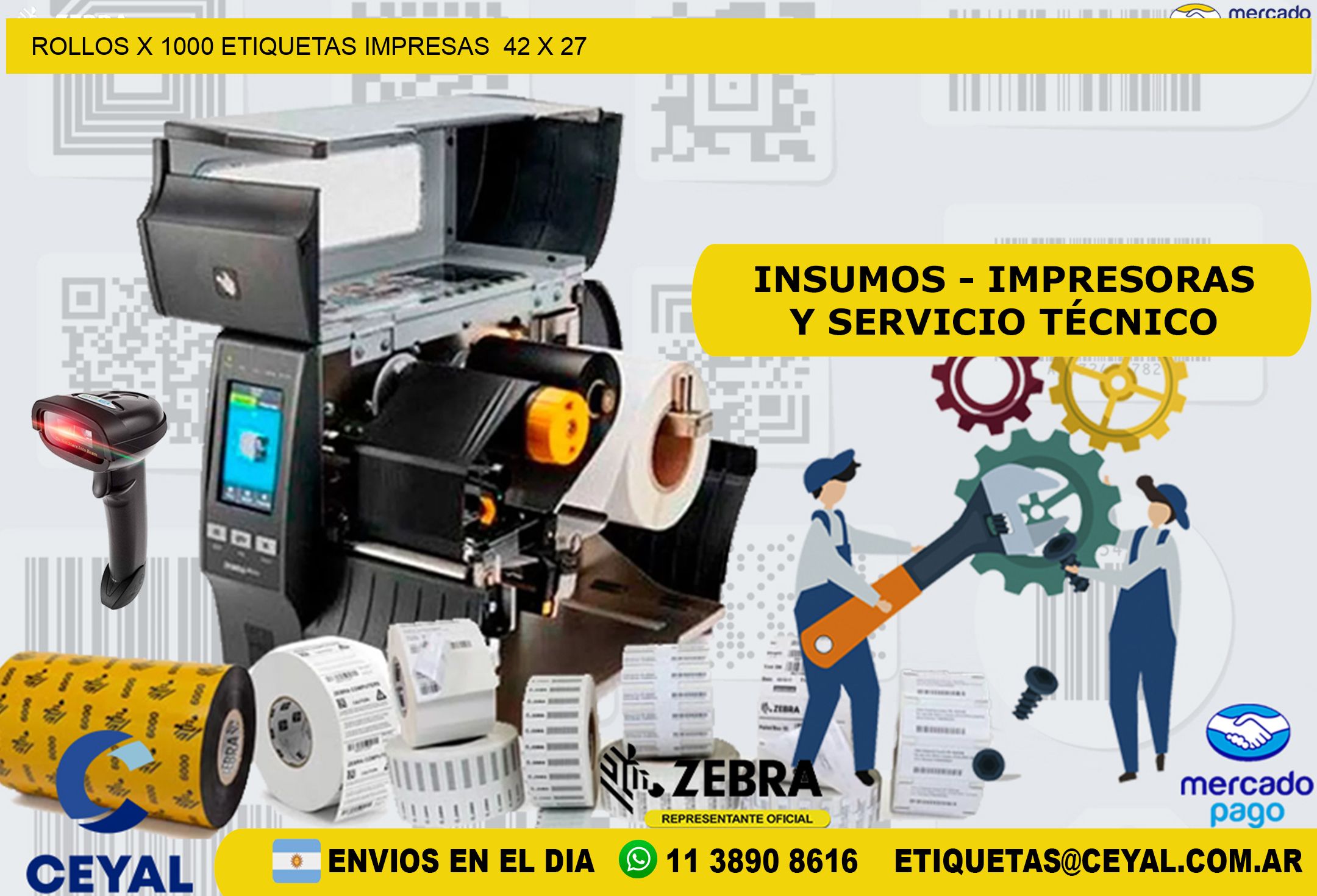 ROLLOS X 1000 ETIQUETAS IMPRESAS  42 x 27