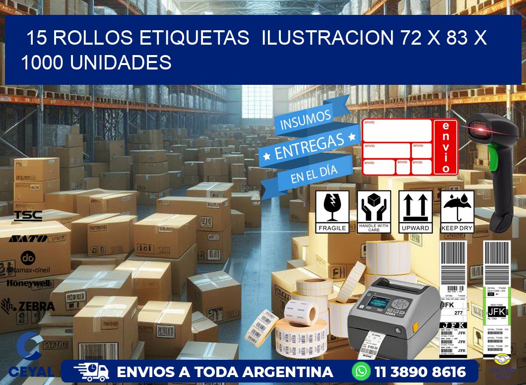 15 ROLLOS ETIQUETAS ILUSTRACION 72 x 83 X 1000 UNIDADES