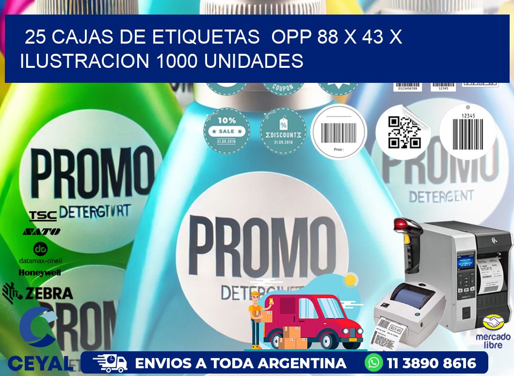 25 CAJAS DE ETIQUETAS  OPP 88 x 43 X ILUSTRACION 1000 UNIDADES