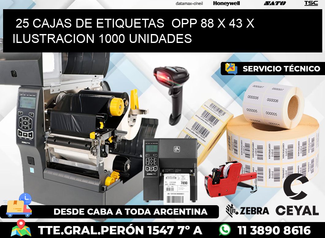 25 CAJAS DE ETIQUETAS  OPP 88 x 43 X ILUSTRACION 1000 UNIDADES