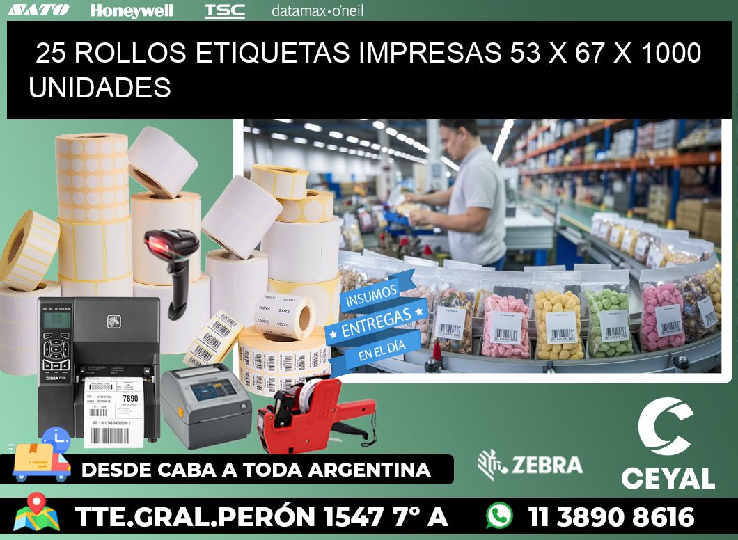 25 ROLLOS ETIQUETAS IMPRESAS 53 x 67 X 1000 UNIDADES