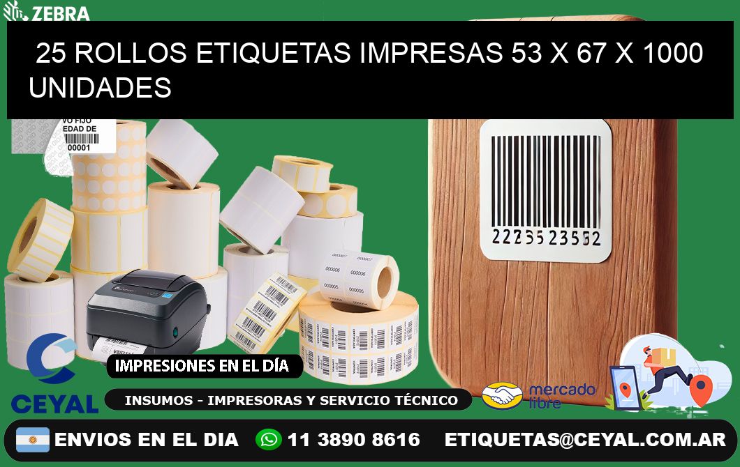 25 ROLLOS ETIQUETAS IMPRESAS 53 x 67 X 1000 UNIDADES