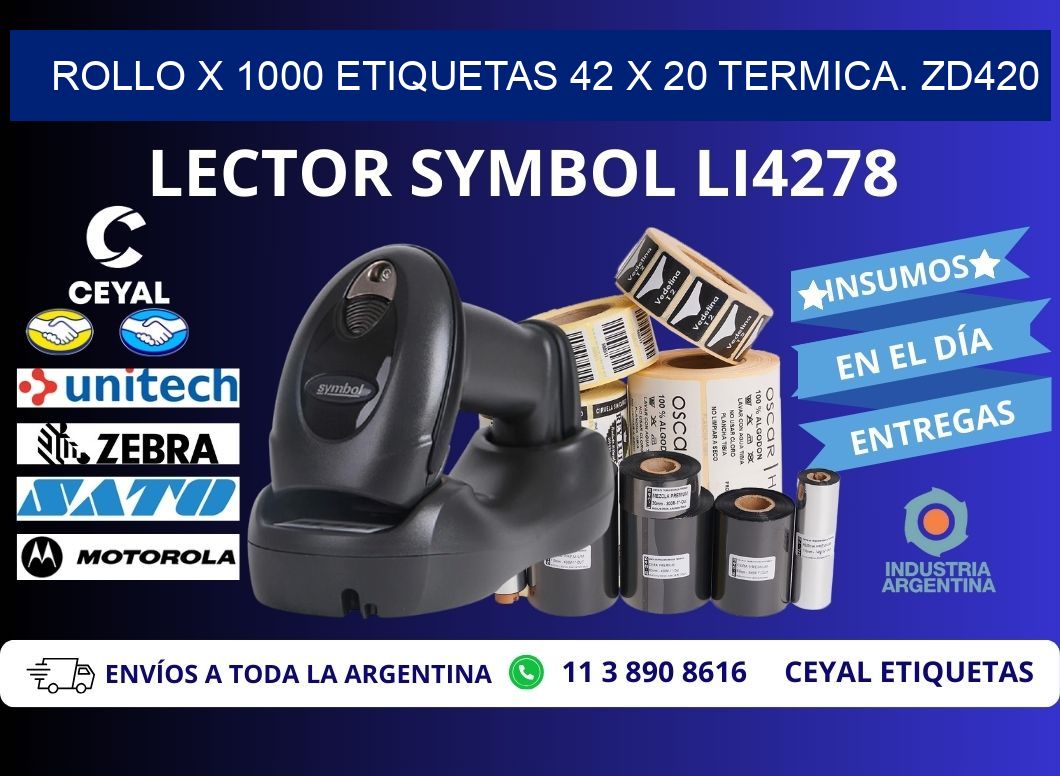 Rollo X 1000 etiquetas 42 x 20 termica. zd420