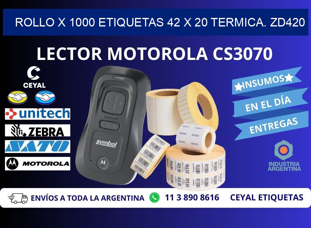 Rollo X 1000 etiquetas 42 x 20 termica. zd420