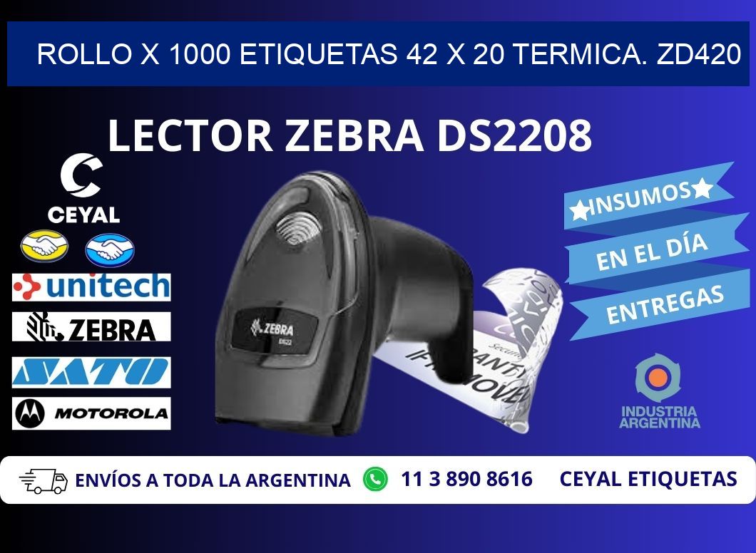 Rollo X 1000 etiquetas 42 x 20 termica. zd420
