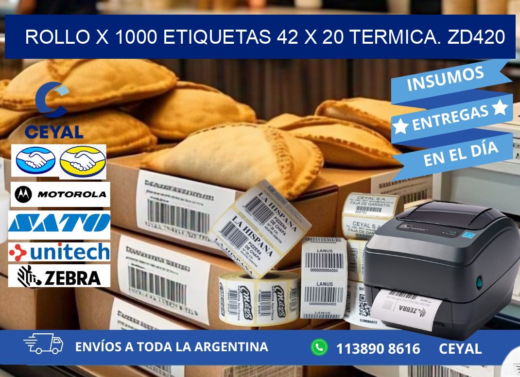 Rollo X 1000 etiquetas 42 x 20 termica. zd420