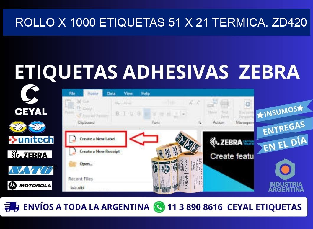 Rollo X 1000 etiquetas 51 x 21 termica. zd420