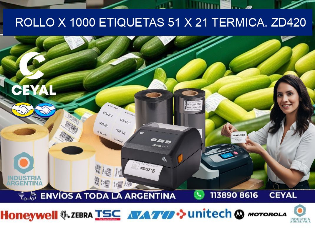 Rollo X 1000 etiquetas 51 x 21 termica. zd420