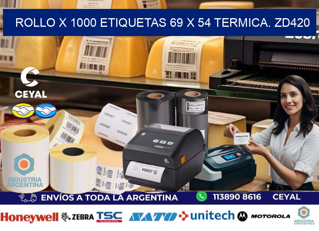 Rollo X 1000 etiquetas 69 x 54 termica. zd420