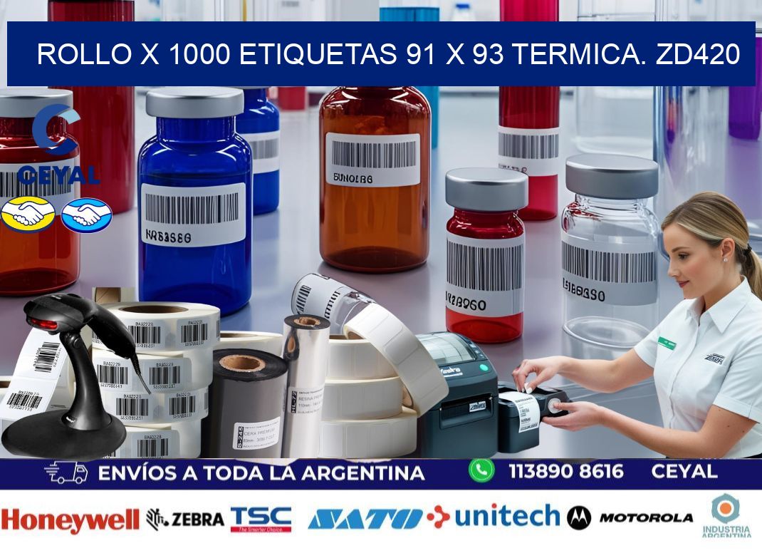 Rollo X 1000 etiquetas 91 x 93 termica. zd420