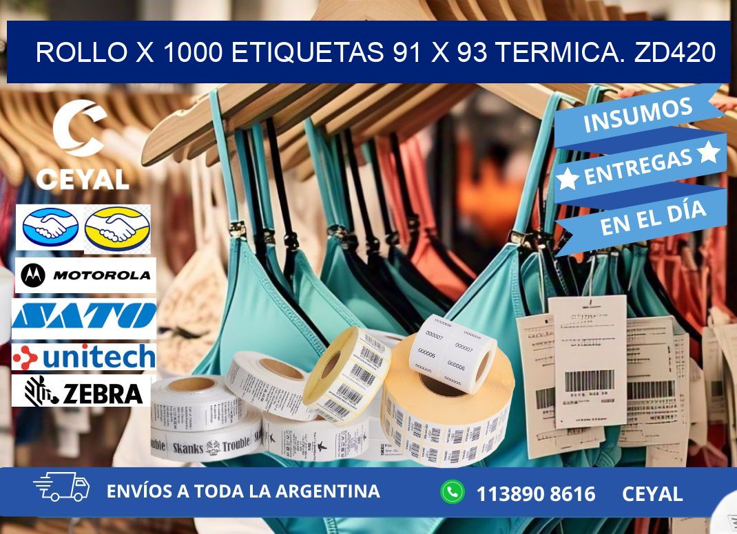 Rollo X 1000 etiquetas 91 x 93 termica. zd420
