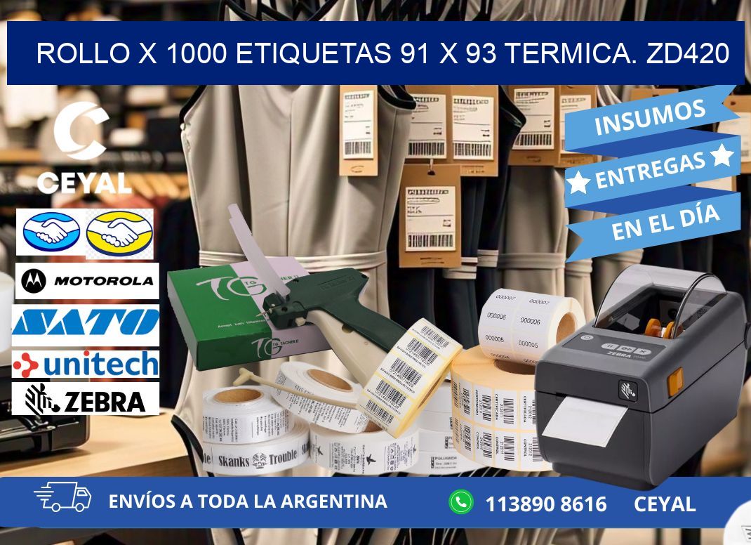 Rollo X 1000 etiquetas 91 x 93 termica. zd420