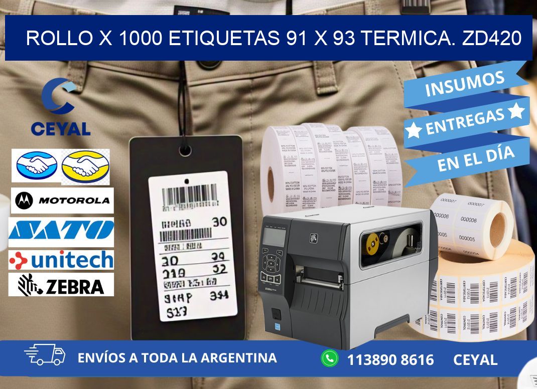 Rollo X 1000 etiquetas 91 x 93 termica. zd420