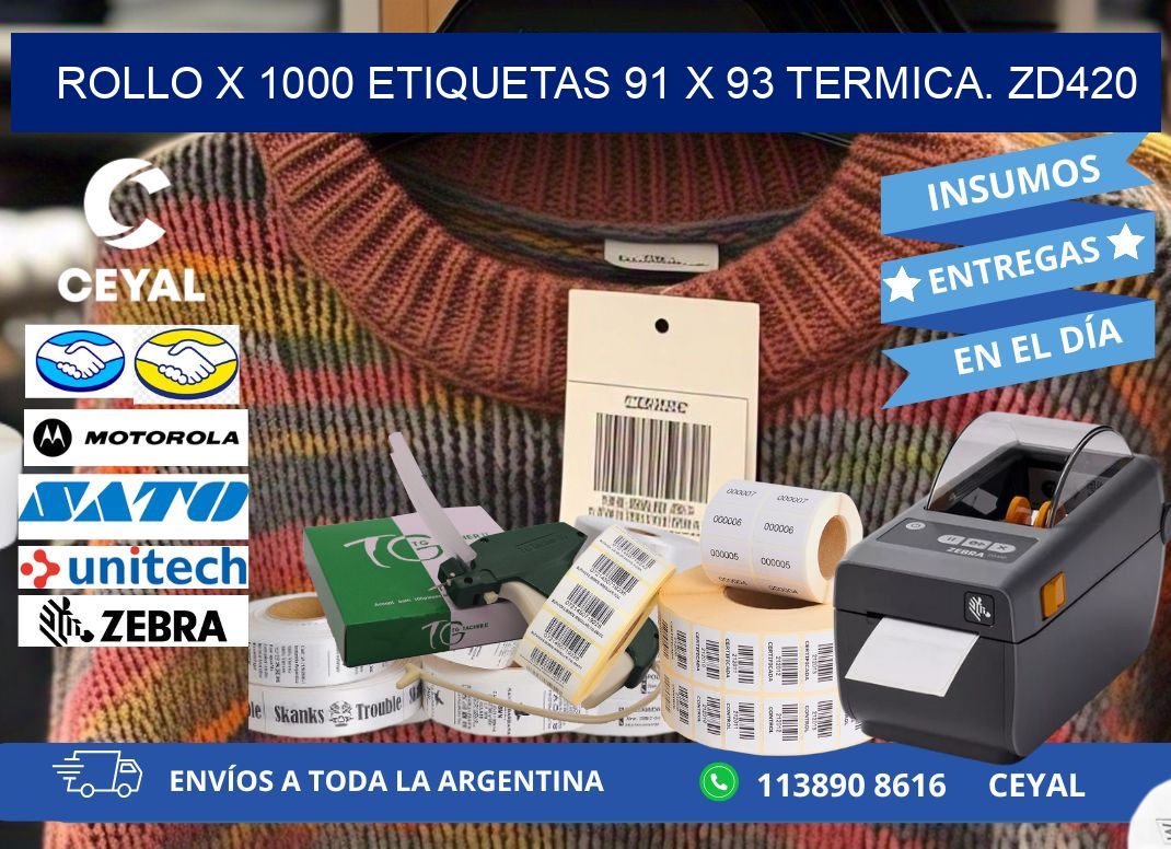 Rollo X 1000 etiquetas 91 x 93 termica. zd420