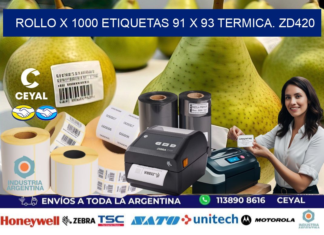 Rollo X 1000 etiquetas 91 x 93 termica. zd420
