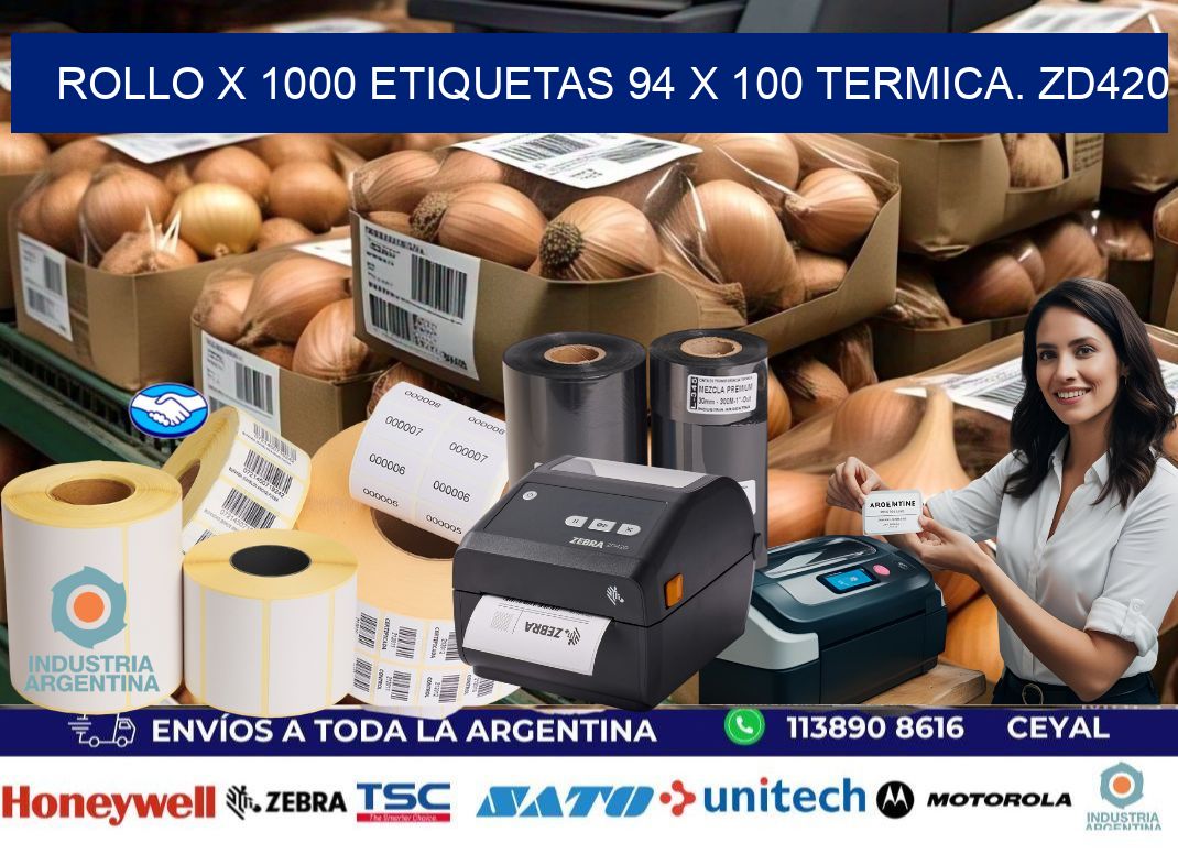 Rollo X 1000 etiquetas 94 x 100 termica. zd420
