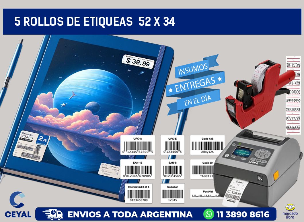 5 ROLLOS DE ETIQUEAS  52 x 34