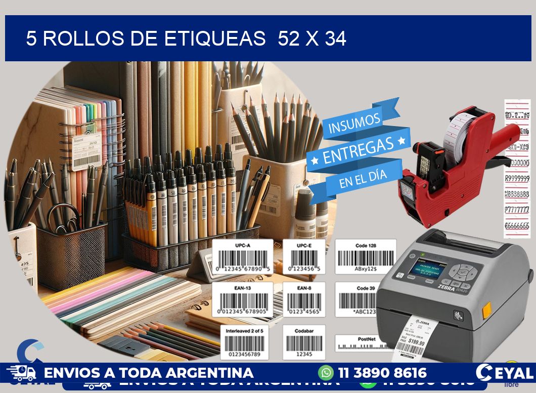 5 ROLLOS DE ETIQUEAS  52 x 34