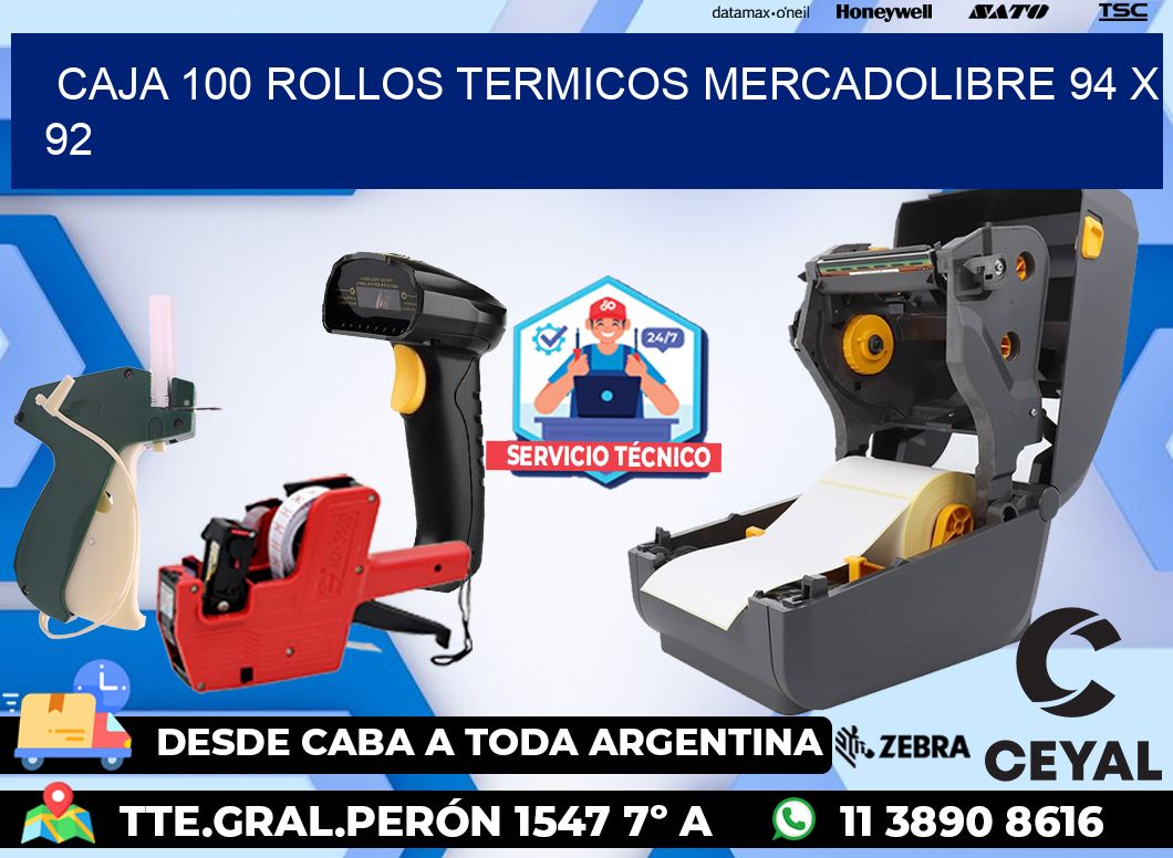 CAJA 100 ROLLOS TERMICOS MERCADOLIBRE 94 x 92