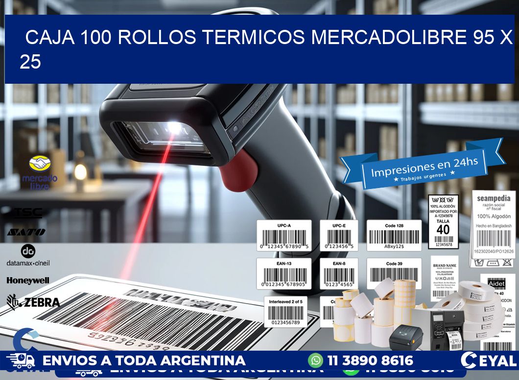 CAJA 100 ROLLOS TERMICOS MERCADOLIBRE 95 x 25