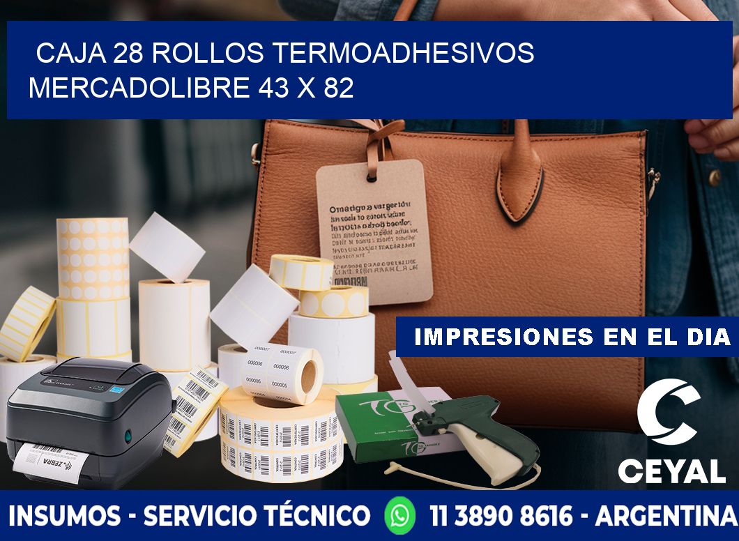 CAJA 28 ROLLOS TERMOADHESIVOS MERCADOLIBRE 43 x 82