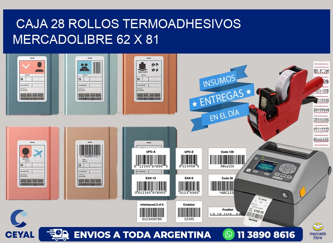 CAJA 28 ROLLOS TERMOADHESIVOS MERCADOLIBRE 62 x 81