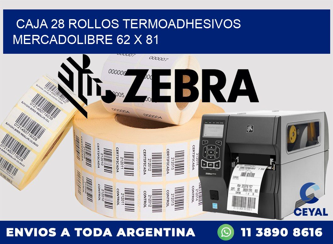 CAJA 28 ROLLOS TERMOADHESIVOS MERCADOLIBRE 62 x 81