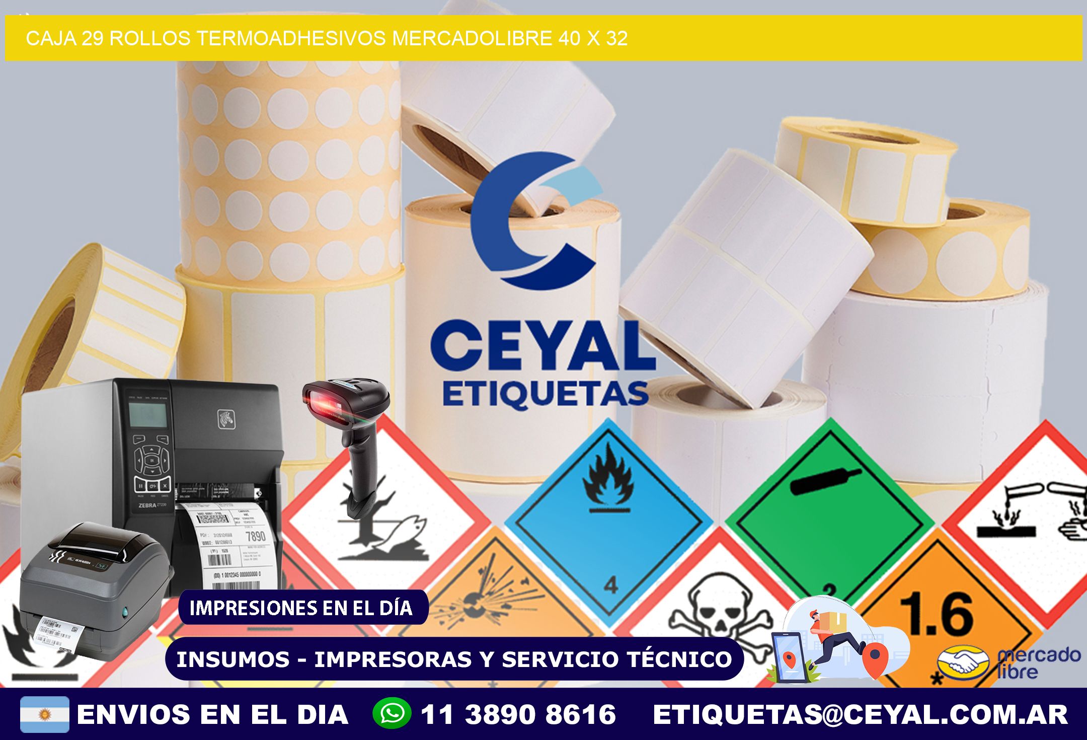 CAJA 29 ROLLOS TERMOADHESIVOS MERCADOLIBRE 40 x 32
