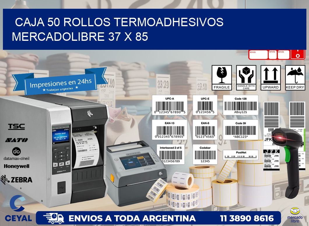 CAJA 50 ROLLOS TERMOADHESIVOS MERCADOLIBRE 37 x 85