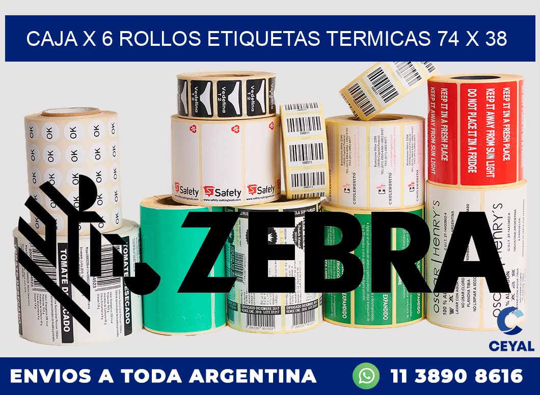Caja X 6 Rollos Etiquetas termicas 74 x 38