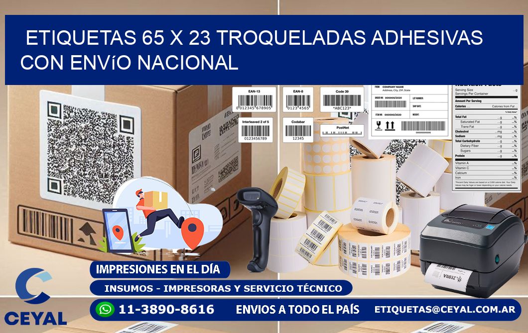 Etiquetas 65 x 23 troqueladas adhesivas con envío nacional