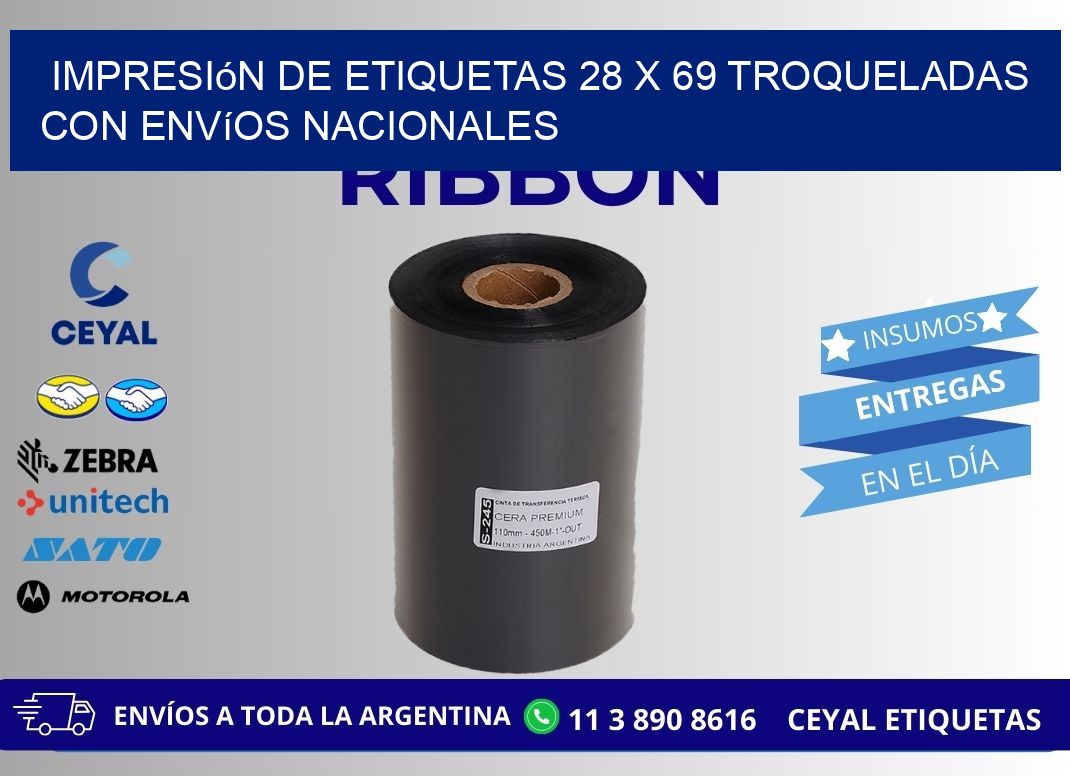 Impresión de etiquetas 28 x 69 troqueladas con envíos nacionales