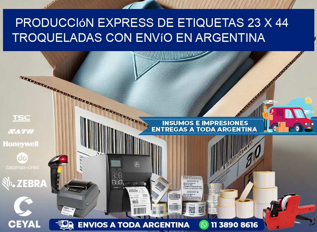 Producción express de etiquetas 23 x 44 troqueladas con envío en Argentina