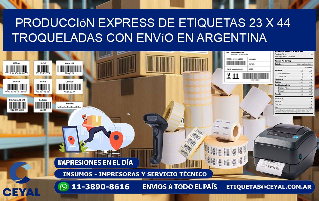 Producción express de etiquetas 23 x 44 troqueladas con envío en Argentina