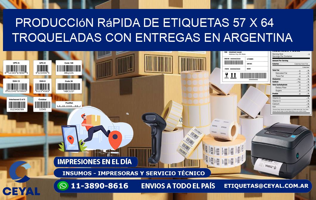 Producción rápida de etiquetas 57 x 64 troqueladas con entregas en Argentina