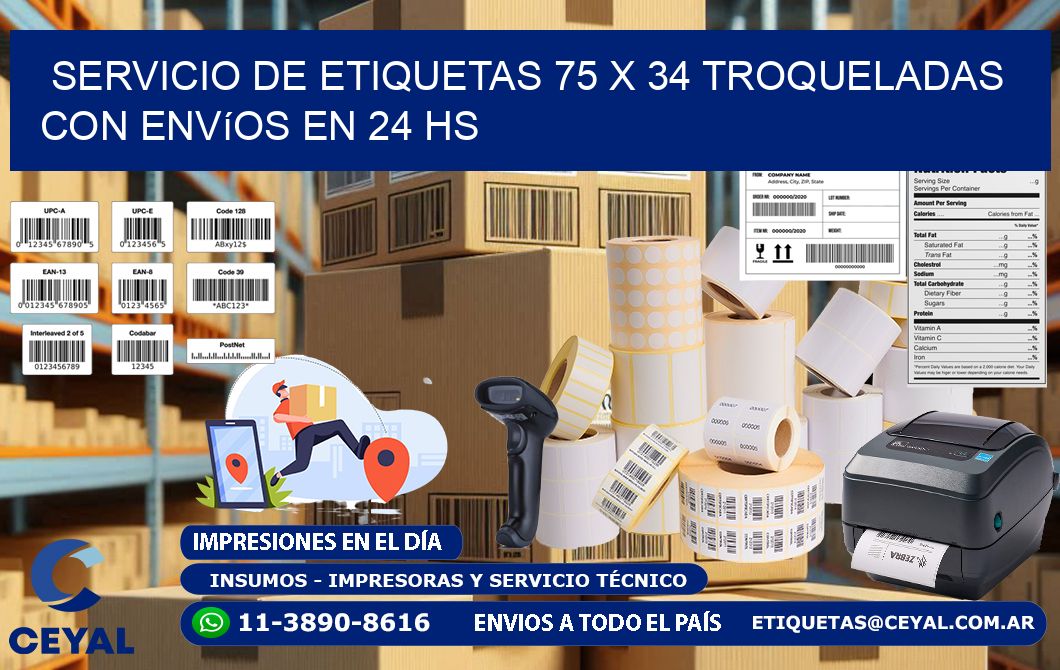 Servicio de etiquetas 75 x 34 troqueladas con envíos en 24 hs
