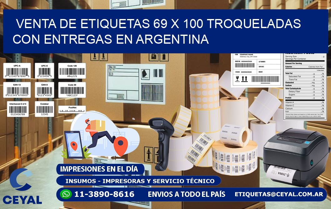 Venta de etiquetas 69 x 100 troqueladas con entregas en Argentina