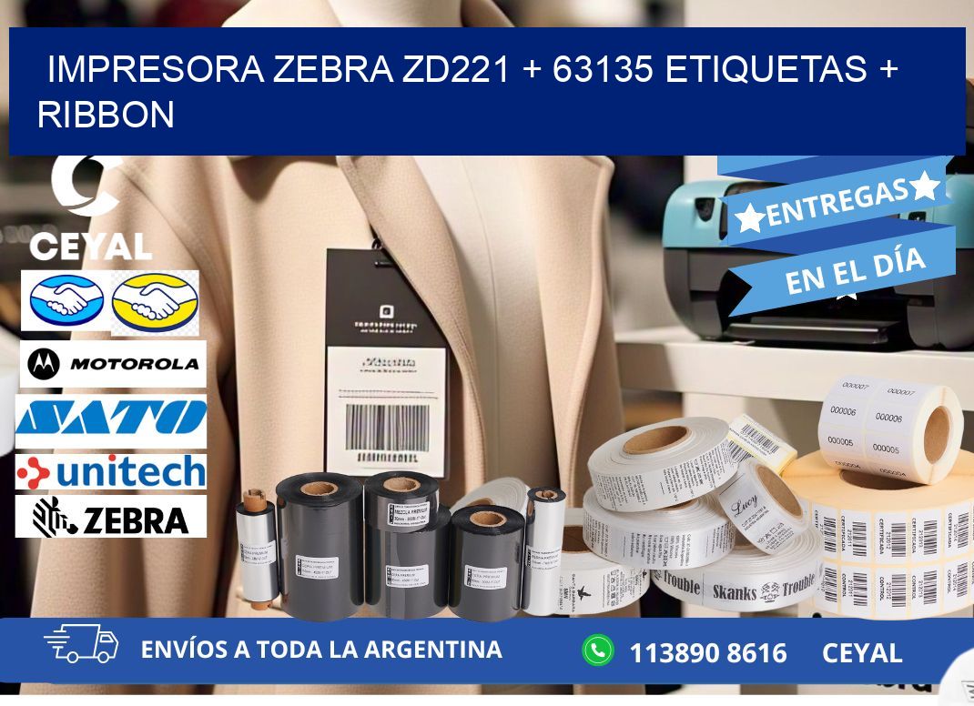 impresora zebra zd221 + 63135 etiquetas + ribbon