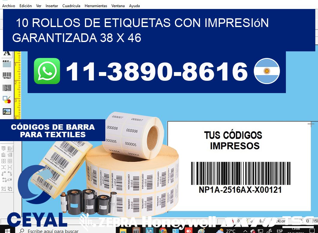 10 rollos de etiquetas con impresión garantizada 38 x 46