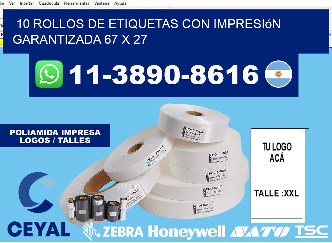 10 rollos de etiquetas con impresión garantizada 67 x 27