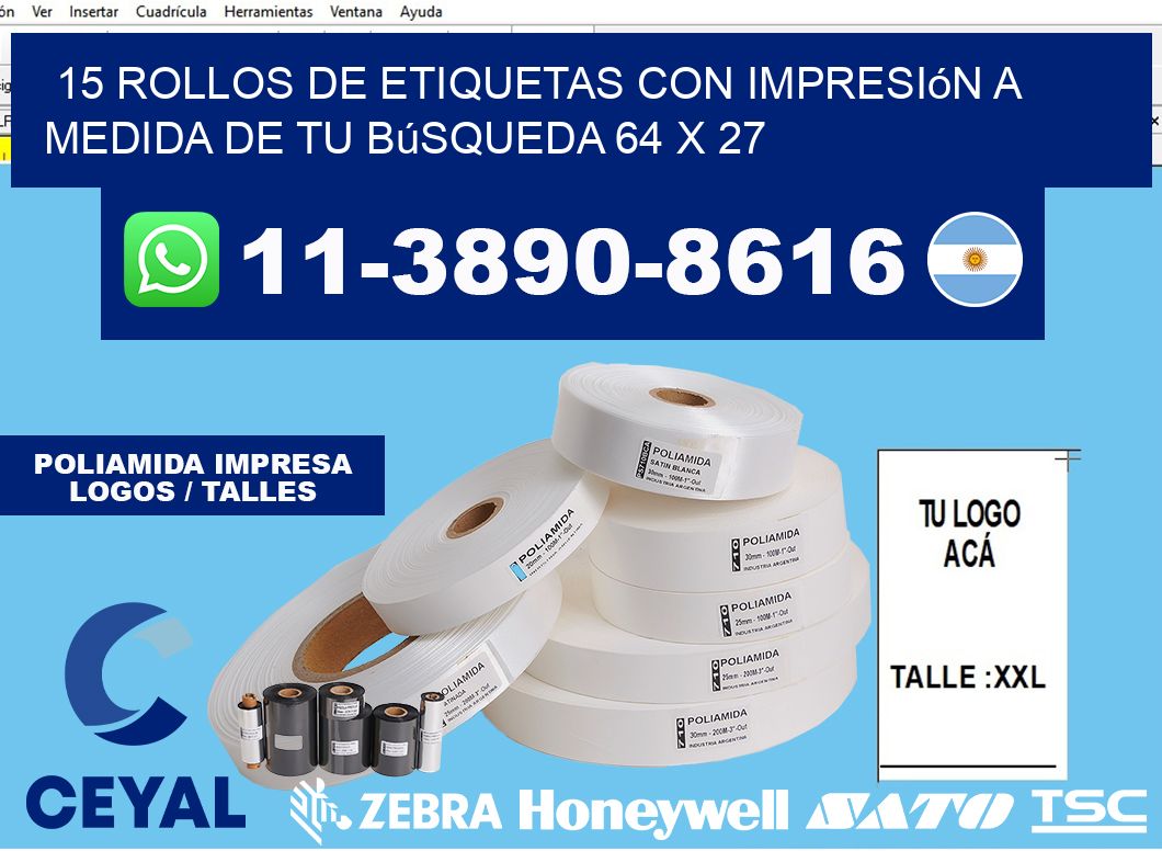 15 rollos de etiquetas con impresión a medida de tu búsqueda 64 x 27