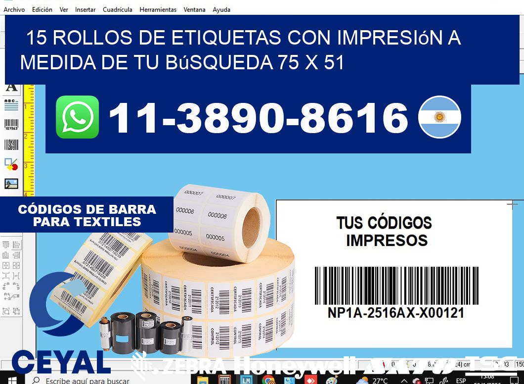 15 rollos de etiquetas con impresión a medida de tu búsqueda 75 x 51