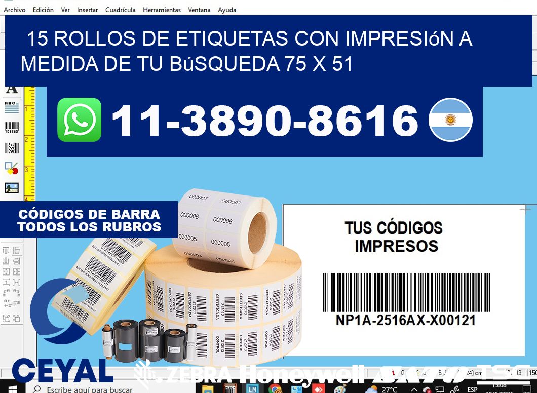 15 rollos de etiquetas con impresión a medida de tu búsqueda 75 x 51